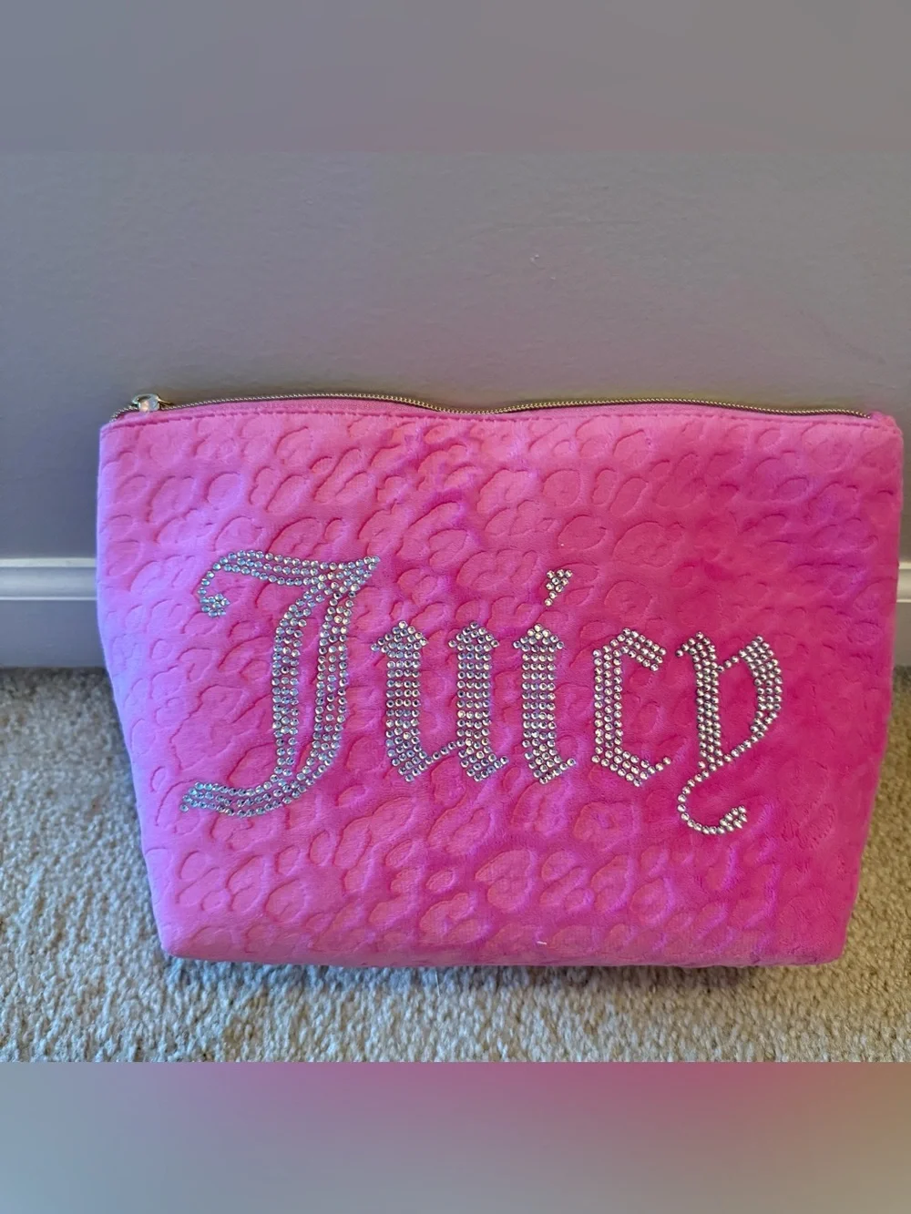 Juicy Couture Pink Velour Cosmetic Bag Rhinestone Logo Y2K